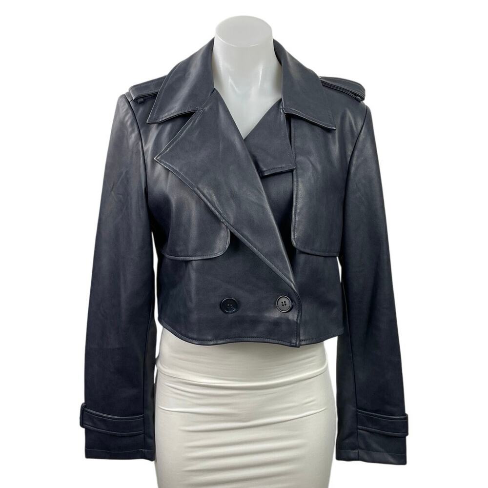 7 For All Mankind Black Faux Leather Vegan Cropped Biker Moto Coat Jacket Size M